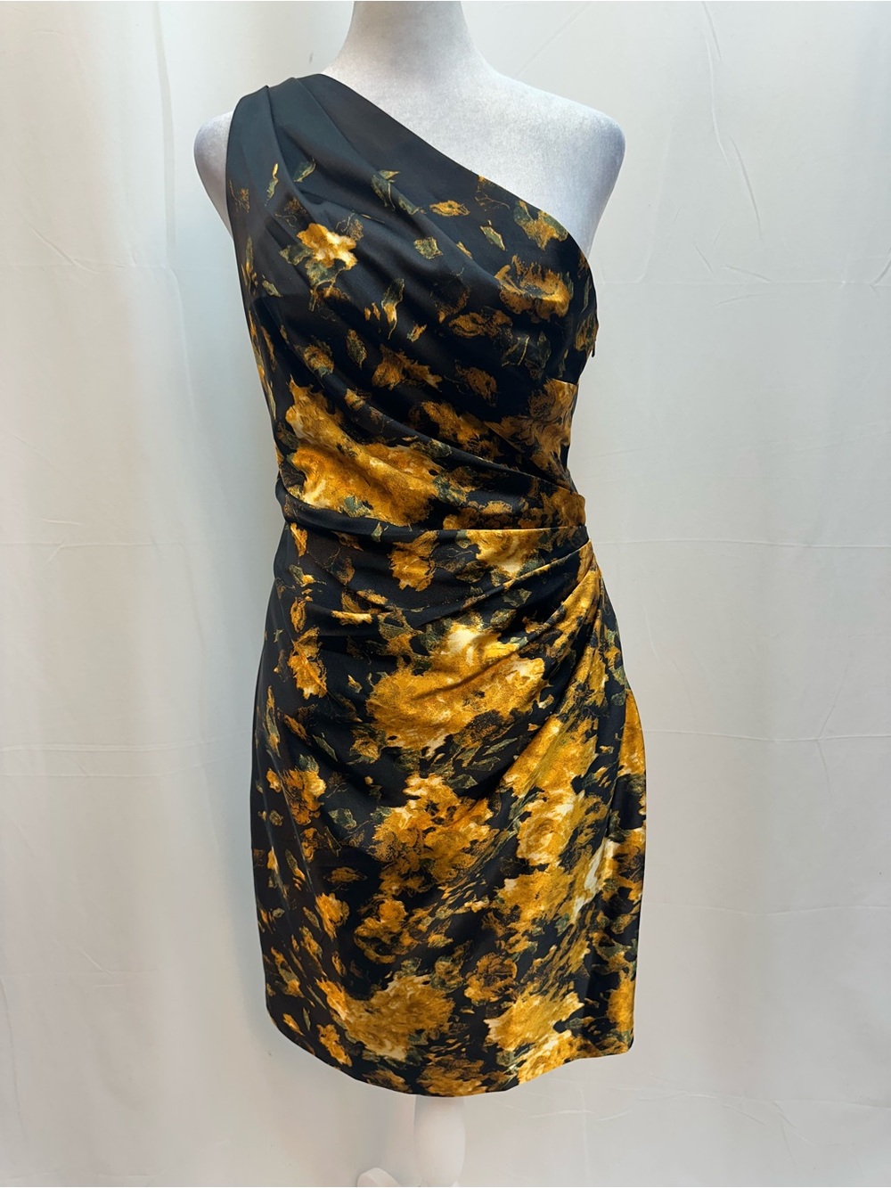 Maggy London One-Shoulder Black and Gold Floral Ruched Dress 6